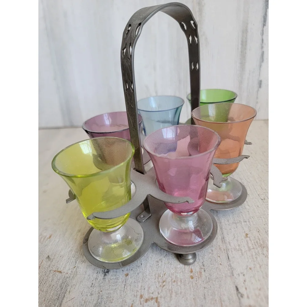 Vintage rainbow Farber ware art deco shot tray metal multi color set home